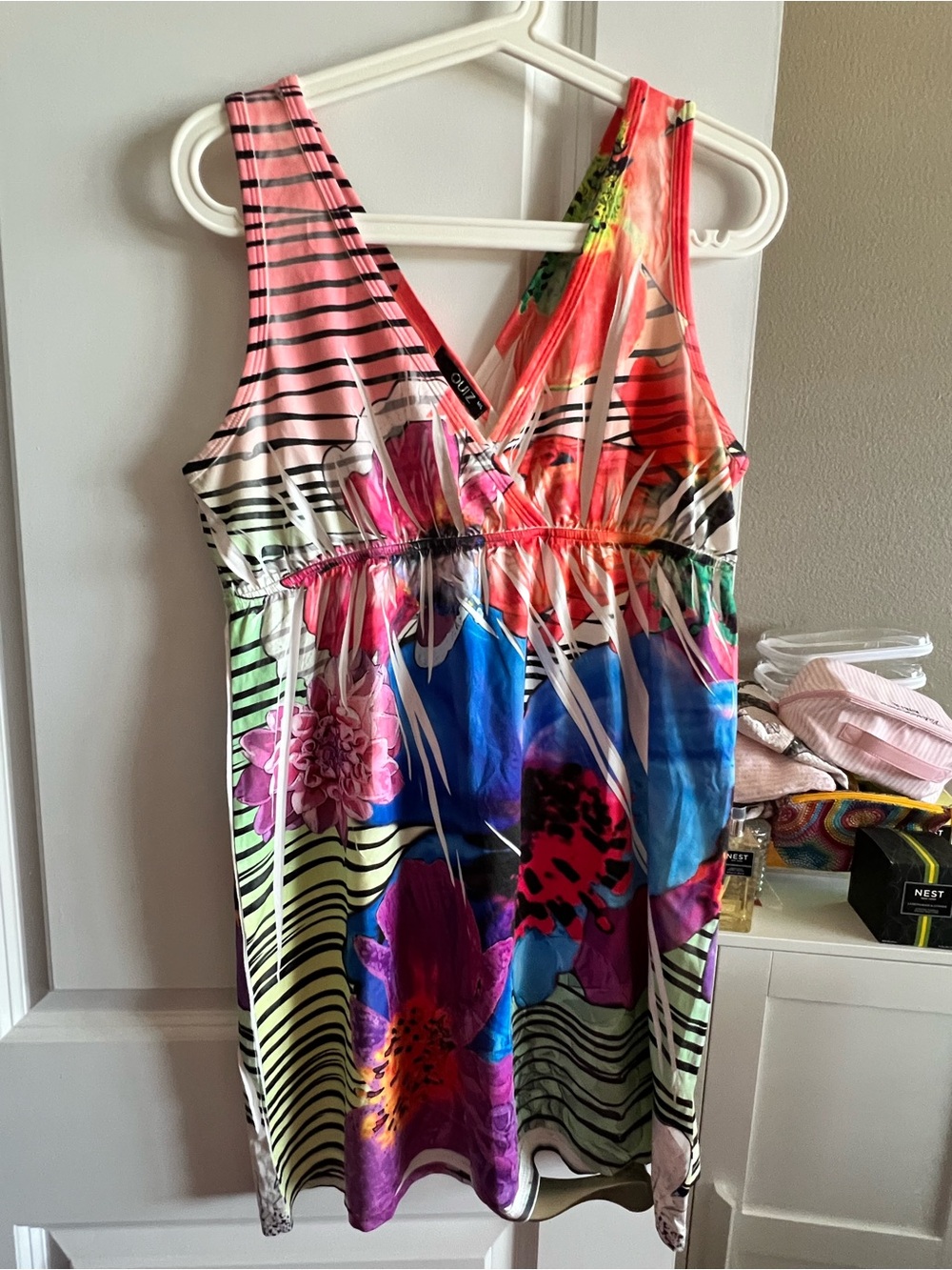 Vibrant Multicolor Floral Stripe Women's V-Neck Dress
